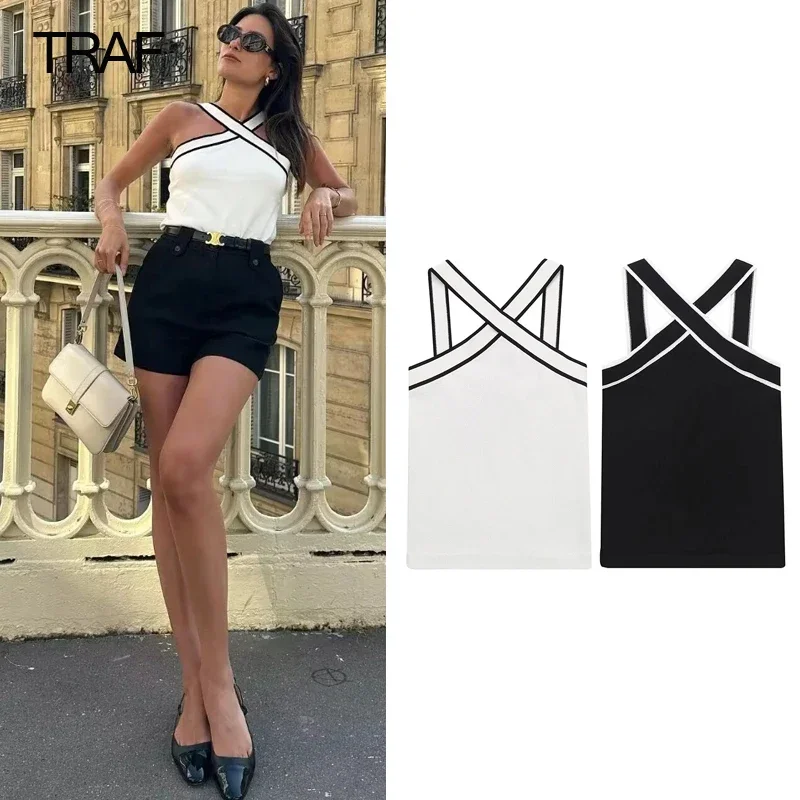 

New 2025 Woman Off shoulder Halter neck Knitted Top Women Black White Knit Crop Top Summer Sleeveless Backless Tank top Cami