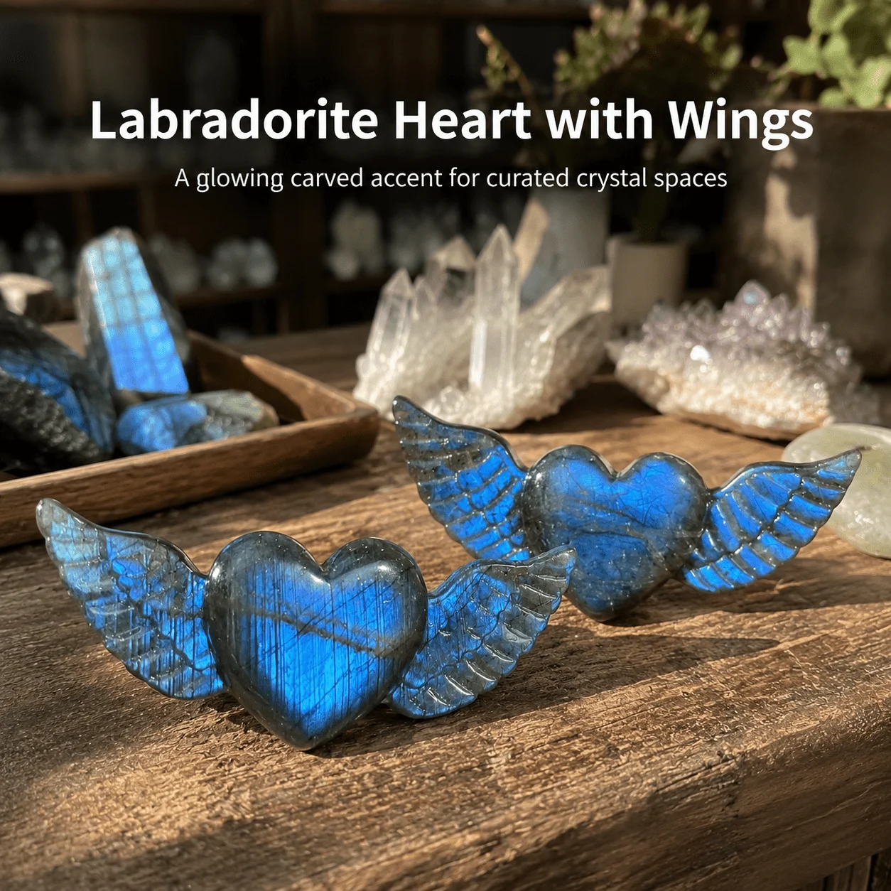 1 piece of natural labradorite heart-shaped crystal with angel wings in random color - Bohemian style with iridescent colors