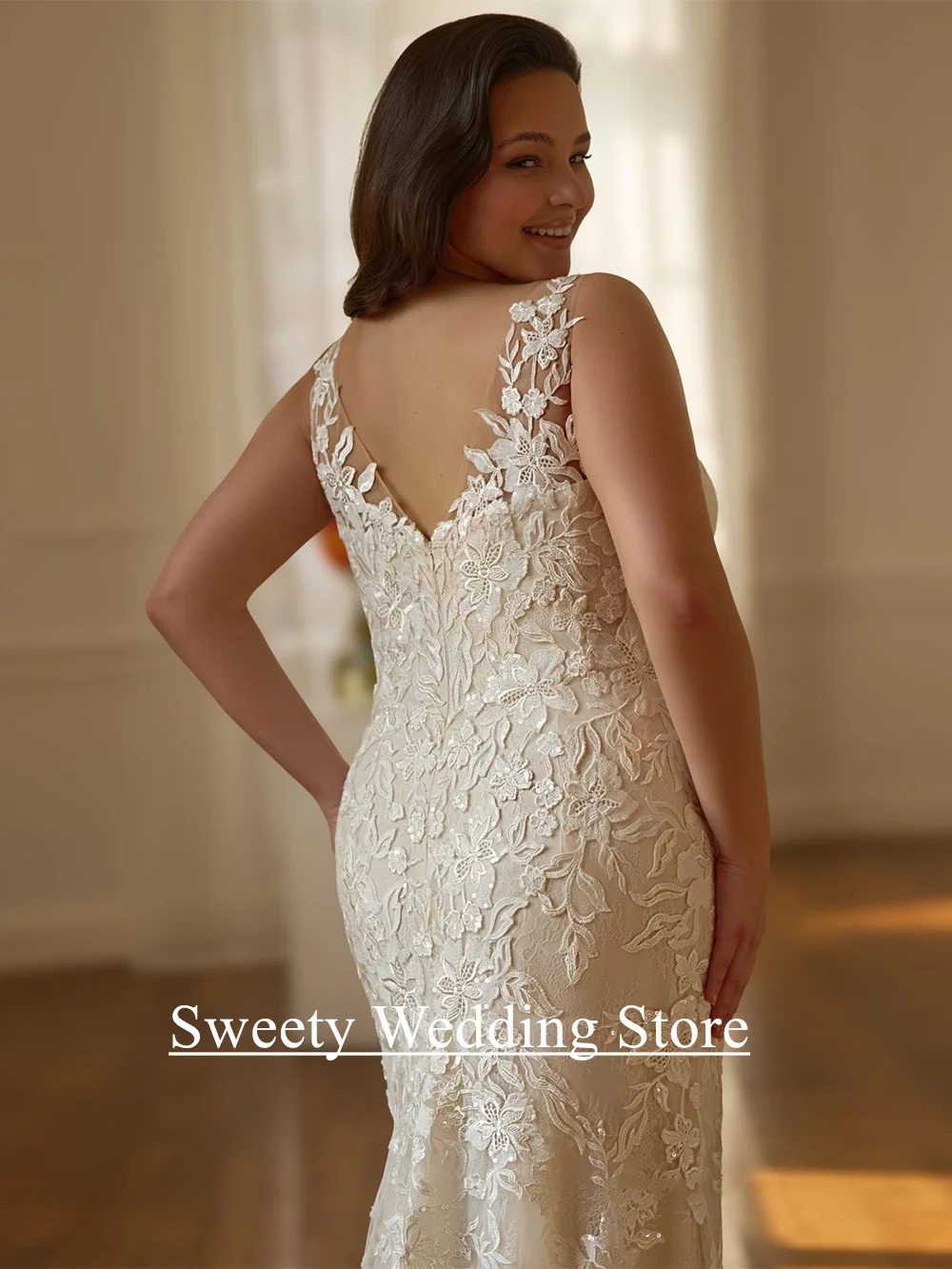 Robe de mariée sirène pour mariée, personnalisée, col en V, sans manches, paillettes appliquées, dentelle, traîne de balayage, nouvelle collection