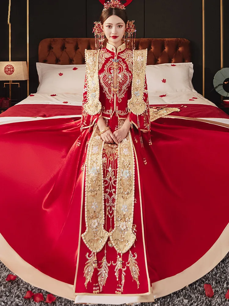 Yourqipao Red Embroidery Chinese Xiuhe Hanfu Women Satin Cheongsam Ancient Traditional Chinese Bride Wedding Dress Long Vestidos