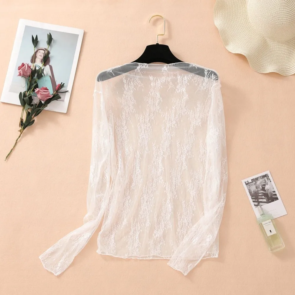 New Half High Collar Lace Shirt Transparent Hollow Mesh Top Perspective Long Sleeve Women Clothing Ladies