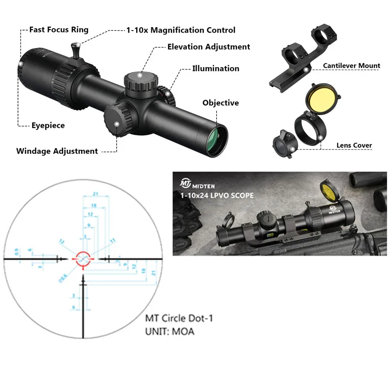 

Прицел MidTen LPVO с кронштейном, красно-зеленой подсветкой, сеткой BDC/круглой точки, функцией сброса на ноль, HD-стеклом, второй фокальной плоскостью