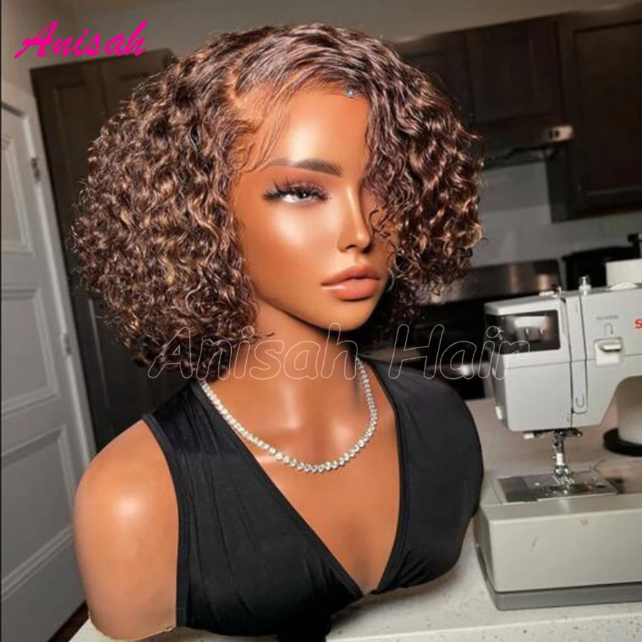 Brazilian Virgin Hair Short Curly Human Hair Wigs Deep Wave Colored  Lace Front Wig Short Bob Wigs Pre Plucked For Women