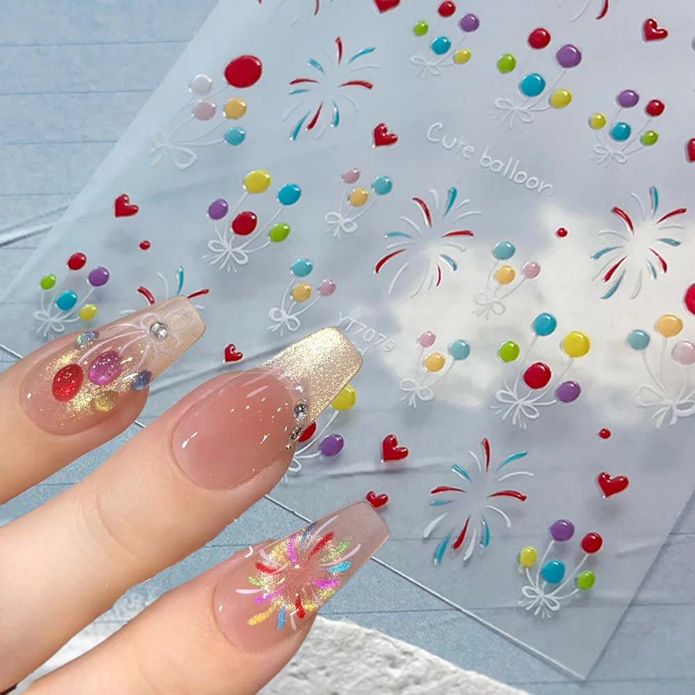 5D Colorful Balloon & Firework Nail Stickers Cute Cartoon Hearts Bow Jelly Finish Nail Decals Festival Party Manicure Decoration