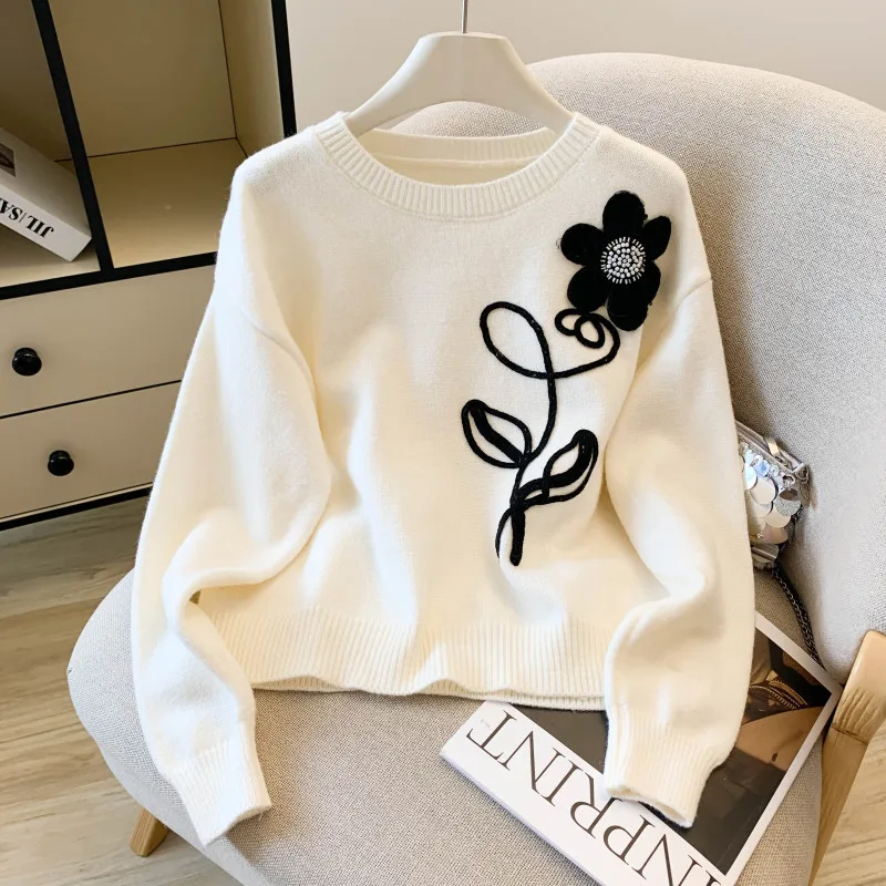Women Lazy Style Floral Knit Sweater Round Neck Thick Long Sleeve Elegant Autumn Winter Pullover Tops