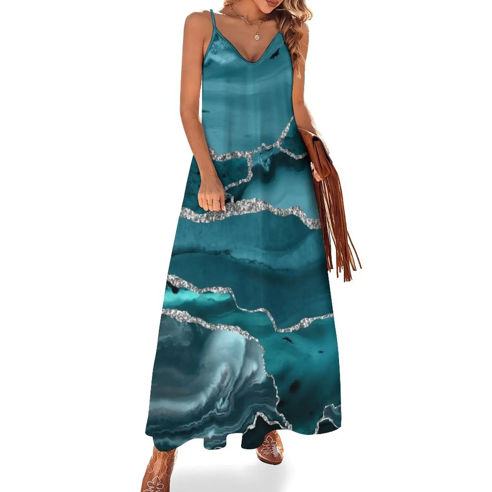 

Trend Turquoise Faux Marble Textures Sleeveless Dress Woman clothing Women's dress Summer women's clothing Dress