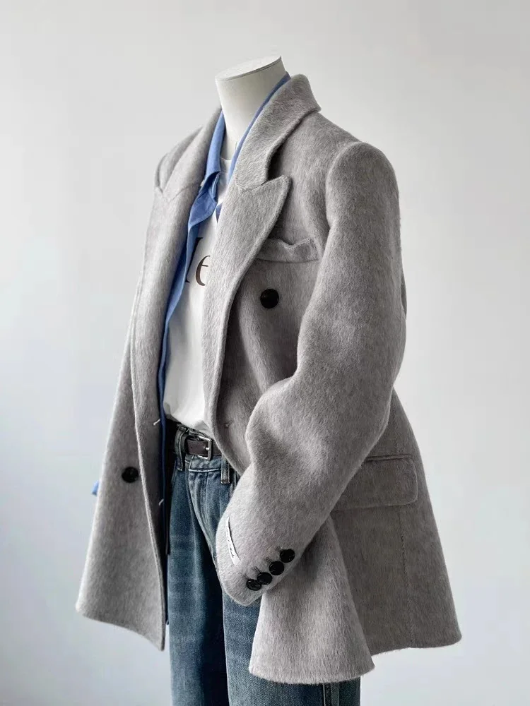 UNXX 2024 New Thickened Classic Style High-end Gray Wool Blazer Coat for Women Female Office Lady, Spring Wool Coat High Quality