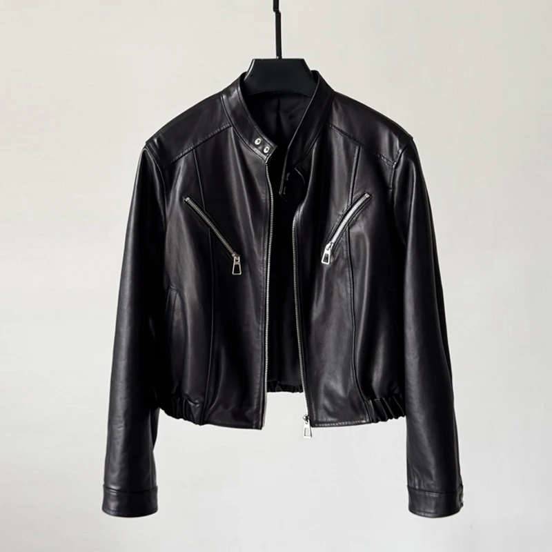Giacca da motociclista e motociclista in pelle cerata retrò per donna Colletto alla coreana casual Cerniera Giacche da donna in vera pelle di pecora sottile a maniche lunghe