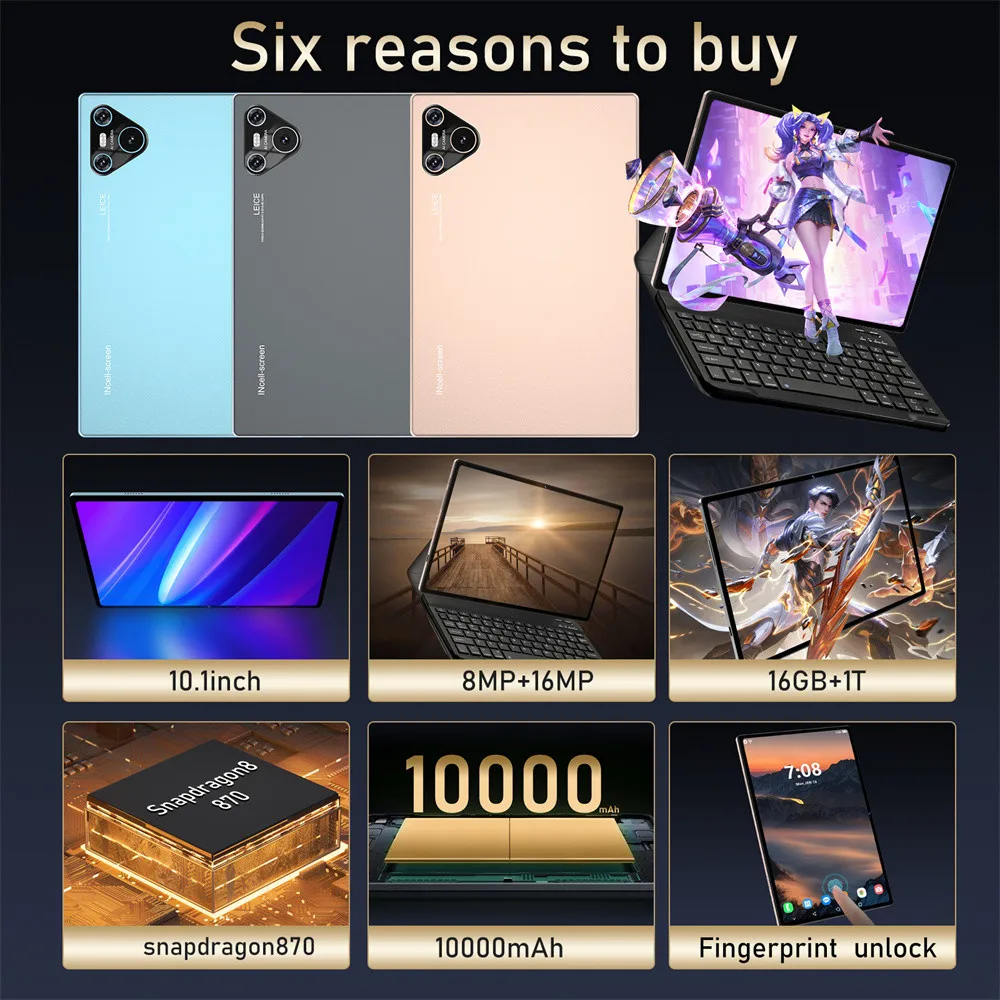 2025 New 16 Pro Tablet 10inch Android 4K 16GB+1TB Dual SIM Snapdragon 870 Tablet PC GPS 10000mAh Tablets For Children Kids Tab