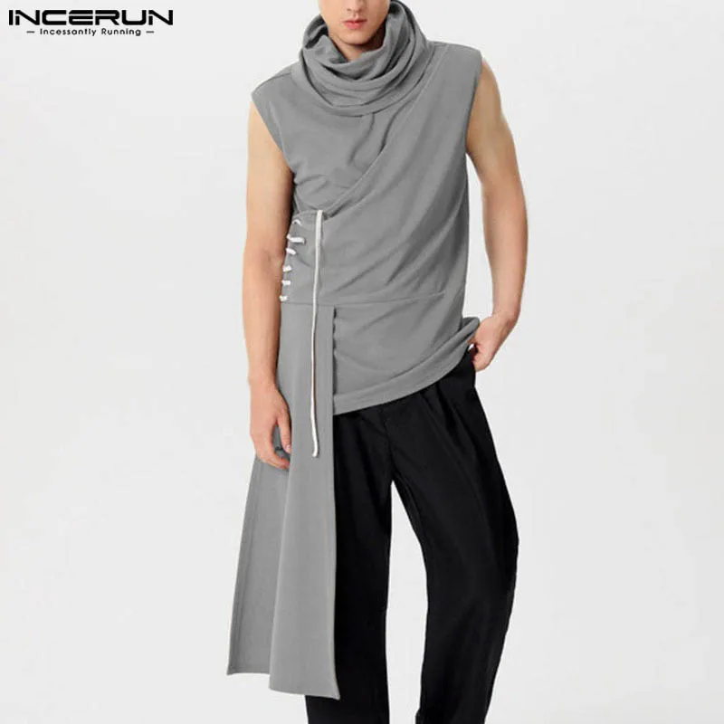 

INCERUN мужские топы нестандартной формы, однотонная водолазка без рукавов, повседневные мужские жилеты, уличная одежда, 2025 г., модная мужская одежда на шнуровке