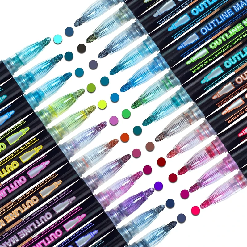 

12/24 Colors Glitter Double Line Metallic Markers Pen Set Super Squiggles Sparkle Cool Fun Fancy Outline Dazzlers Christmas Gift