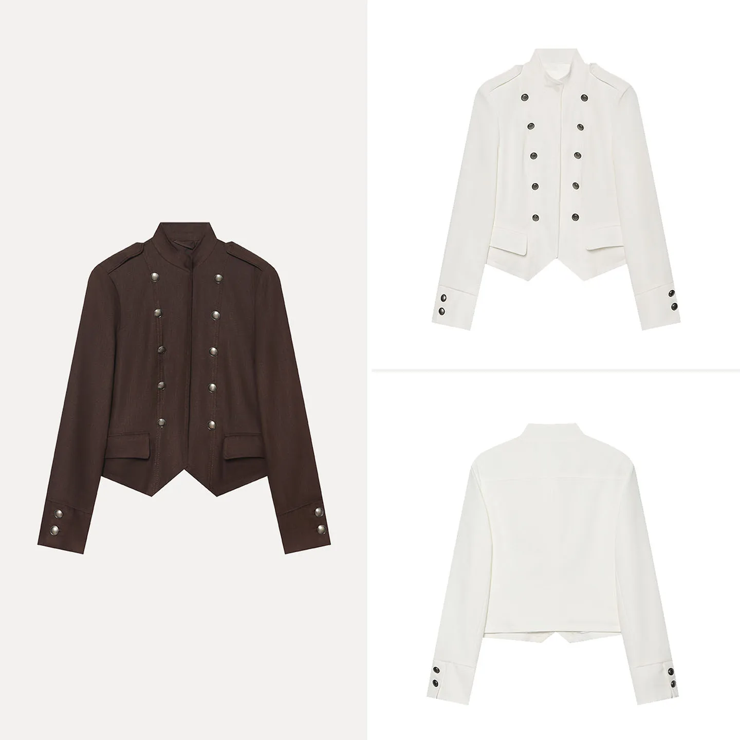 Fashionable Napoleon Style Double Breasted Shoulder Length Jacket Women's Autumn Outerwear Slim Fit Long Sleeve Stand Collar