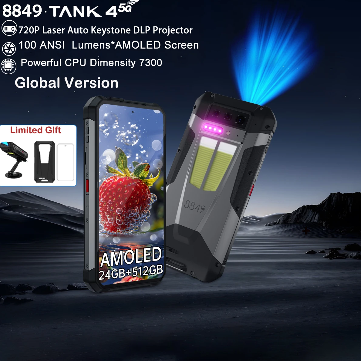 8849 Tank 4 Unihertz 5G Rugged Smartphone Projector 720P 100 Lumen 6.78'' AMOLED 512G Android14 11600mAh Dimensity 7300 120Hz