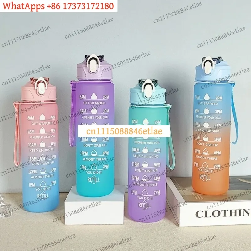 k3 900ML Gradient Sports Water Bottle with Straw & Scale, Leak-Proof Frosted Plastic Gym Cup