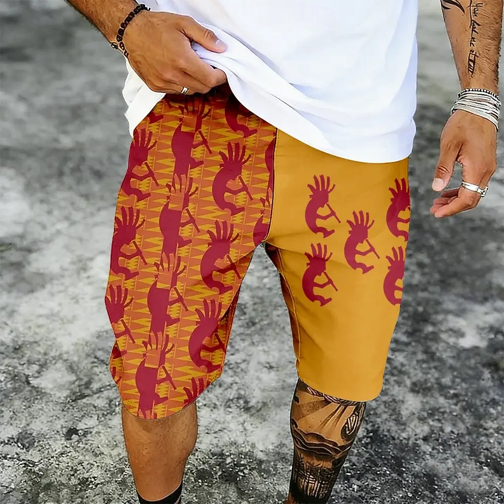 

en's Casual Ethnic Shorts Mid Waist Elastic Drawstring Side Pockets Retro Outdoor Vacation Outfit for Spring & Summer