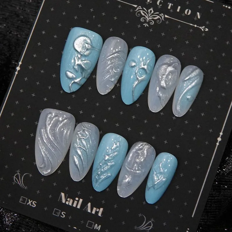Handmade Medium Almond Press On Nails Baby Blue Silver Metallic 3D Rose Wave Fake Nails Gradient Mermaid Elegant Reusable False