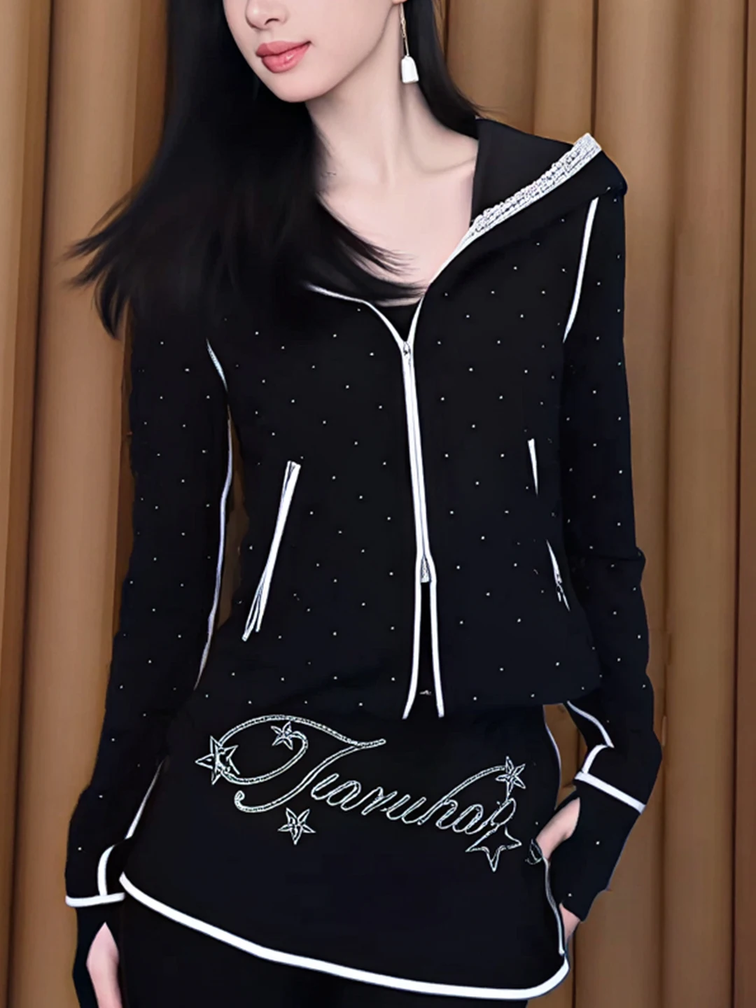 

Корейская женская куртка-топ с капюшоном, длинными рукавами, оборками, пайетками и дизайнерскими вставками, осенне-зимняя новинка