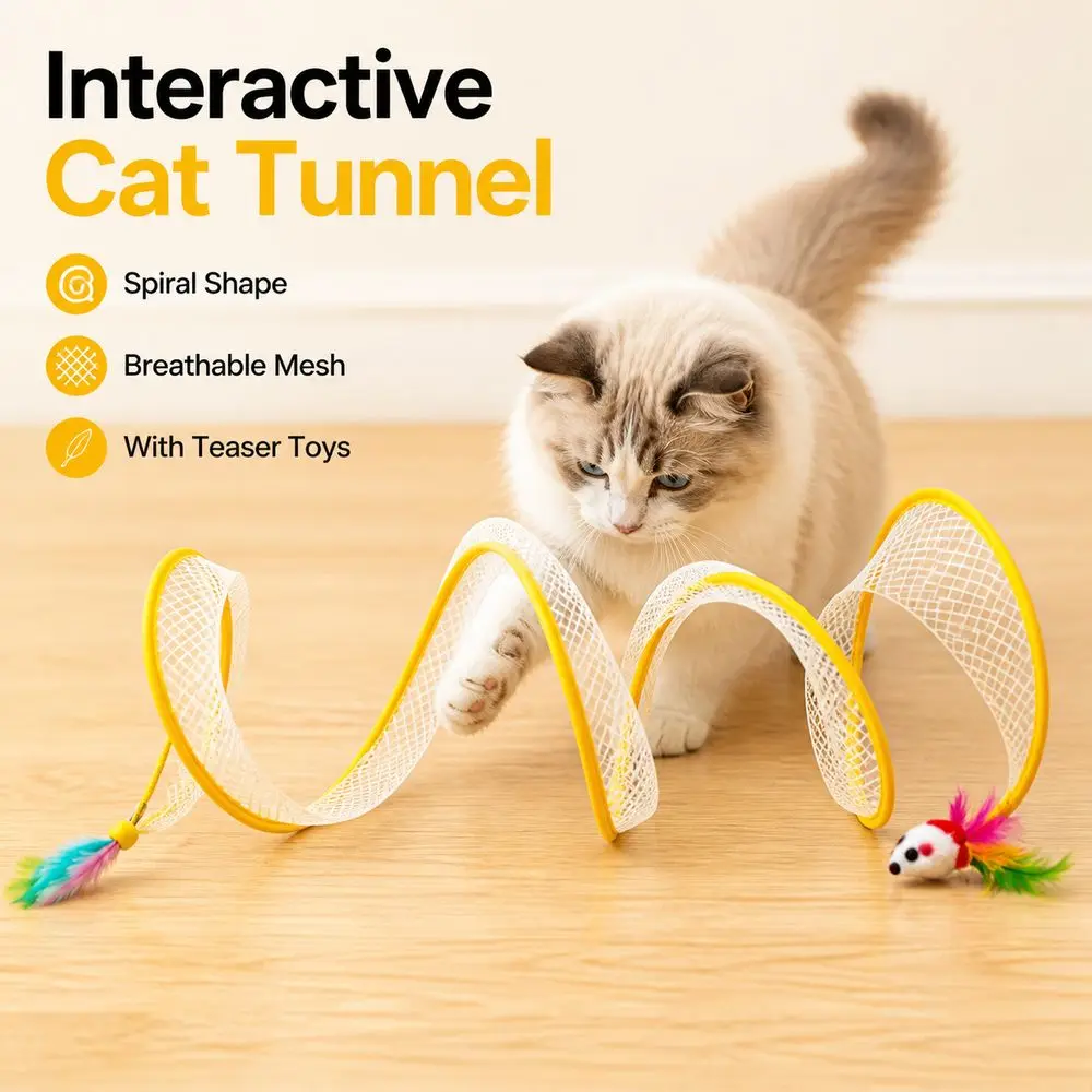 Polyester Mesh Cat Tunnel Toy Steel Wire Frame Flexible Spiral Structure Kitten Play Tunnel Collapsible Breathable Mesh