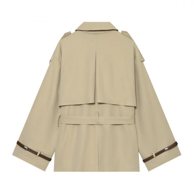 Ladies Short Trench Coat Lapel Epaulet Double Breasted Belt Waist Jacket Women Autumn Casual Solid Windbreaker CommuterOuterwear