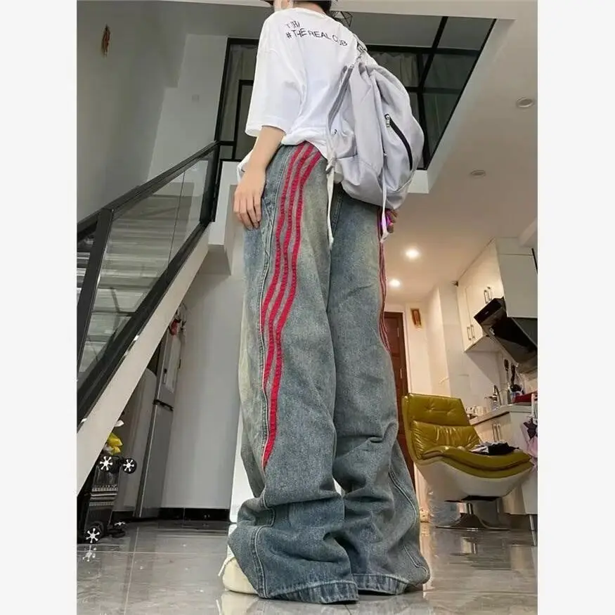 American hip-hop retro jeans for men and women loose and trendy straight leg striped patchwork casual washed wide leg pants