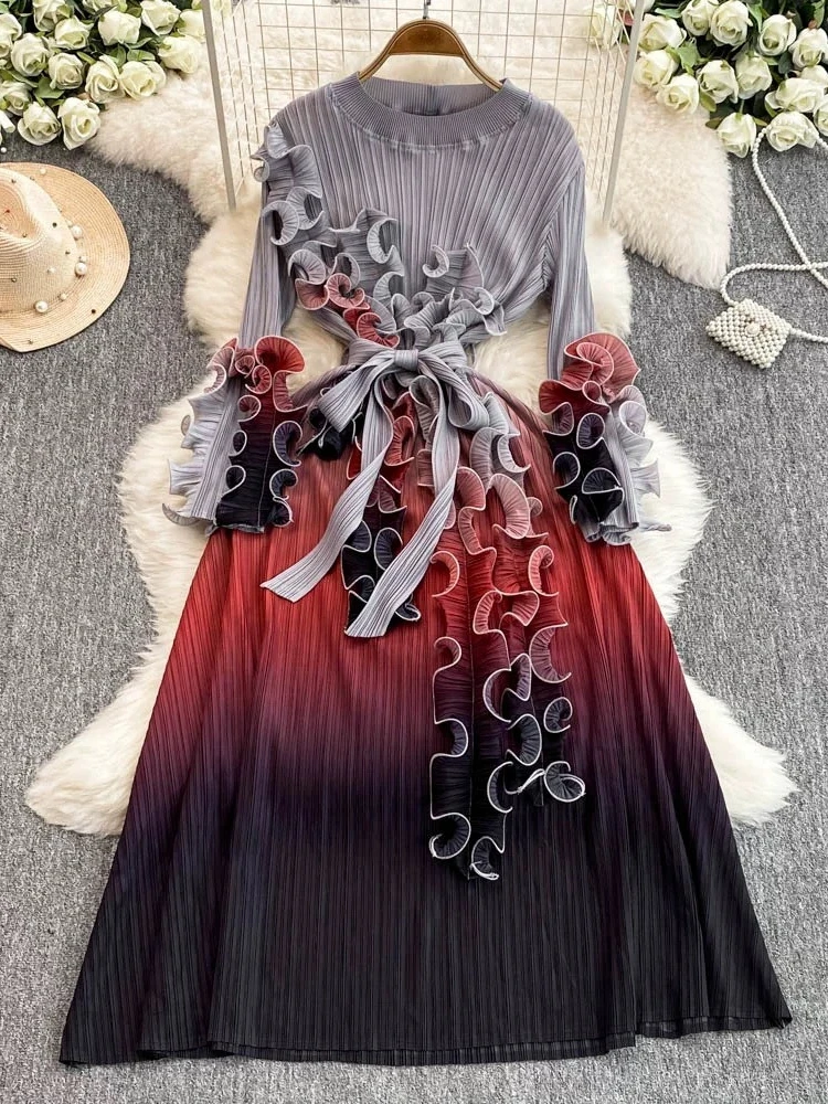 

2025 элегантные винтажные шикарные трехмерные тонкие бандажные длинные платья с длинными рукавами и градиентом цвета, уличная осенняя одежда