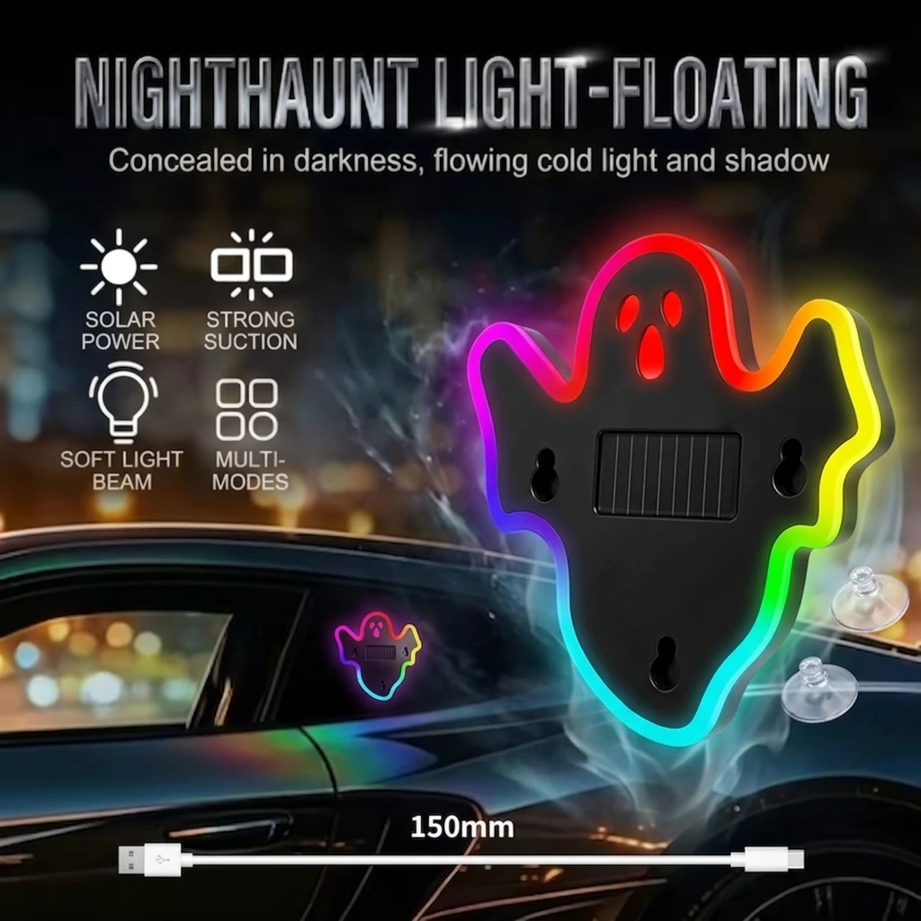 Ghost Shape Car Window LED Neon Light Solar Type-C Charging Vibration Light Sensor Halloween Car Interior Atmosphere Lamp