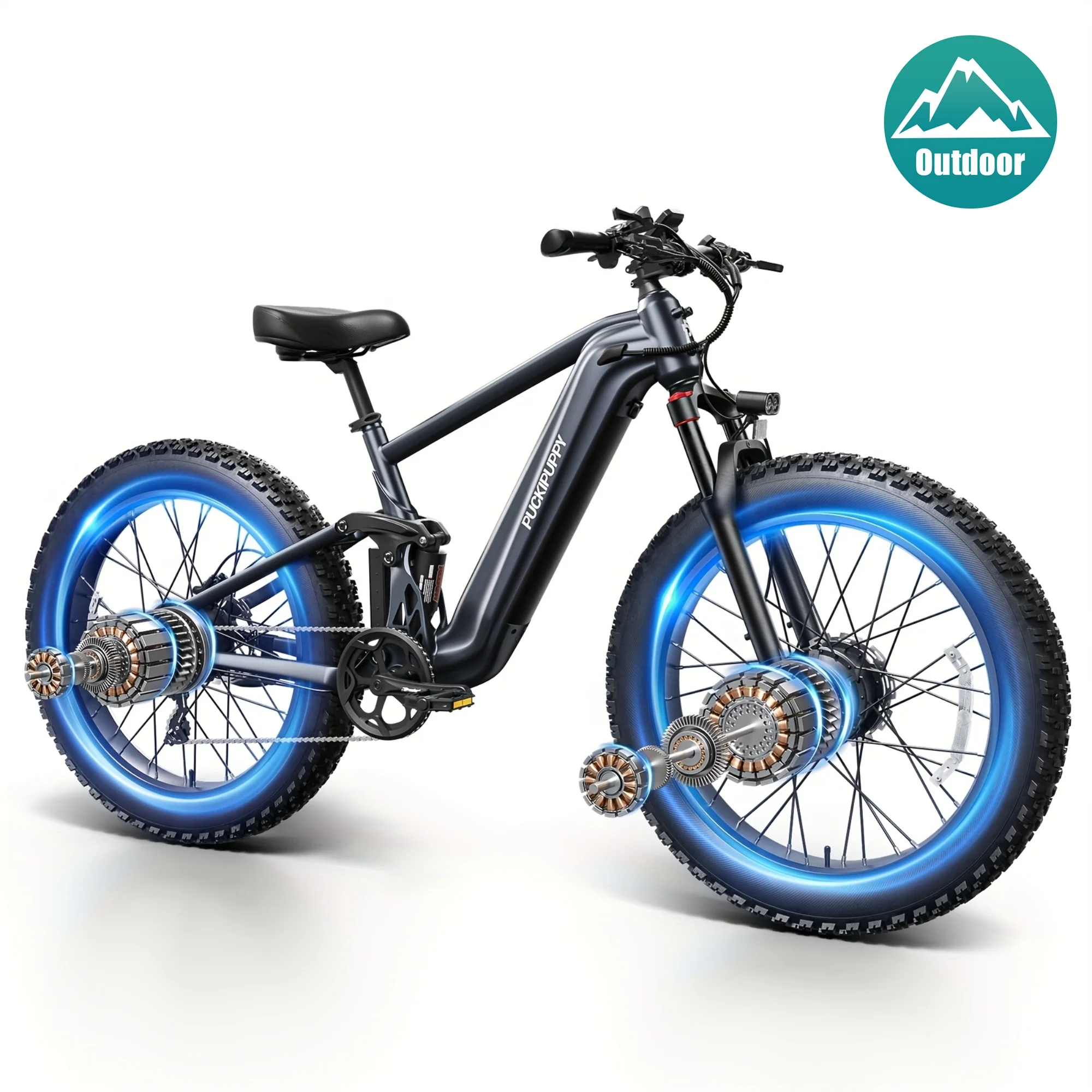 

Электровелосипед PUCKIPUPPY с двумя моторами для взрослых, съемная батарея 48В 960Втч, полноподвесный, шины 26 дюймов, запас хода 80 миль