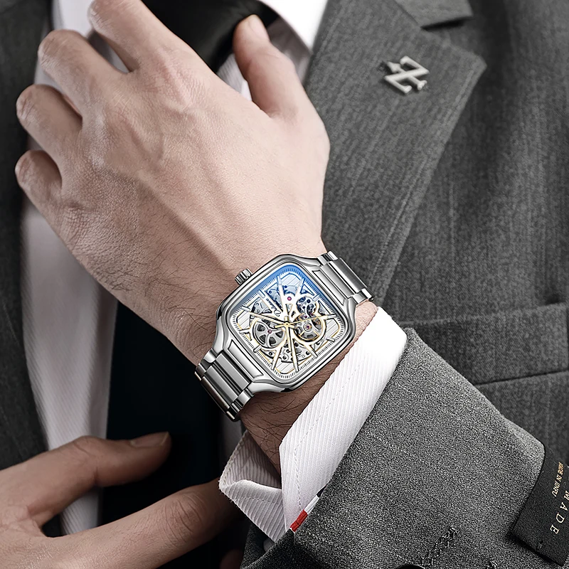 Dulunwe Men'S Automatic Mechanical Watch Square Case Hollow Waterproof Luminous Stylish Men'S Sports Watch