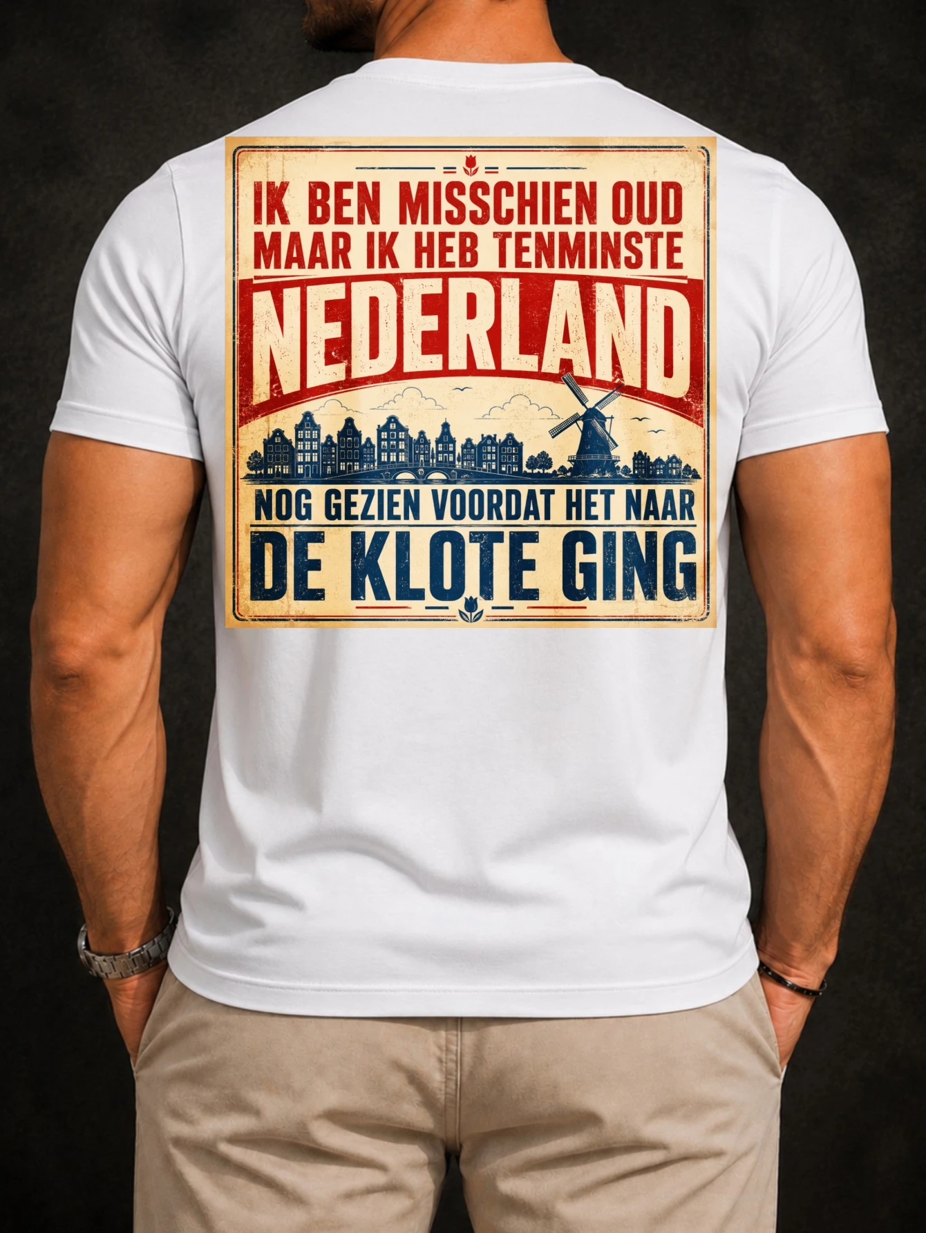 Retro Cream Netherlands with Red Nederland Text Windmill Canal House Skyline and Old Dutch Heritage  Unisex All T-Shirt