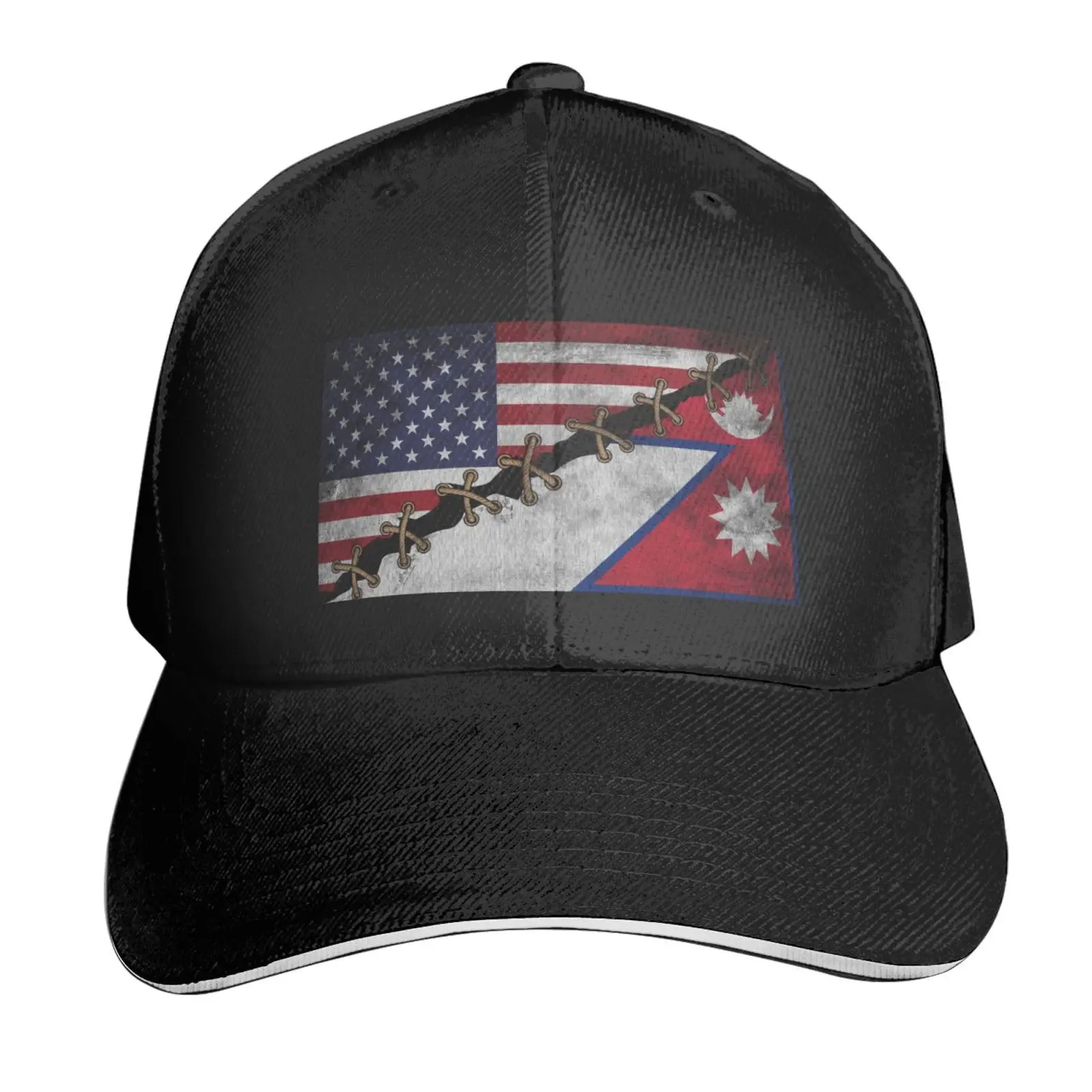 Vintage Nepali American Flag Adjustable Baseball Cap for Outdoor Sun Protection - Men & Women Black