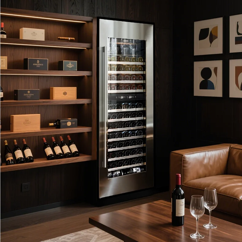 Wine Cabinet 625mm, Slim Glass Door Beverage Center, Dual Temperature Zones, Compressor Ice Bar, LED Light, 28 Bottle Capacity