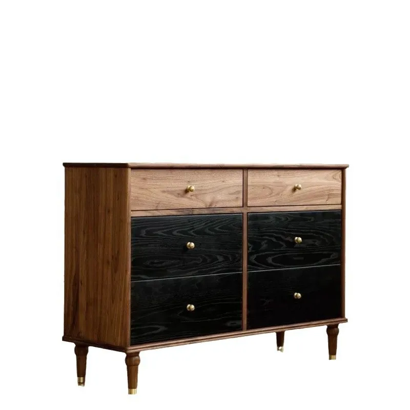 

Nordic retro chest side cabinet storage solid wood North American walnut six-bucket bedroom entrance locker