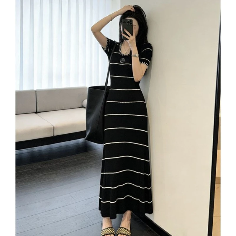 

Summer Korean Casual Striped Short Sleeve Knitted Dress High Grade Slim Fit Elegant Long Dress For Ladies Casual Daily Wear