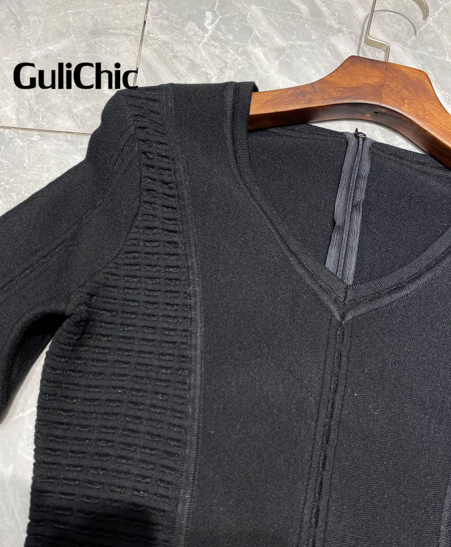 11.10 GuliChic Mini abito lavorato a maglia di alta qualità da donna Fashion Hollow Out Design scollo a v manica lunga eleganti abiti Slim Lady