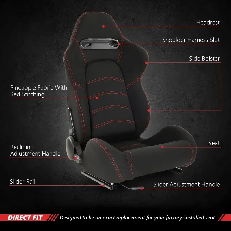 

21.5" W X 21.5" D X 35" H,Black/Red,RS-JBR-005-BK-RD Universal Reclinable Racing Seats with Bottom Mount Sliders,