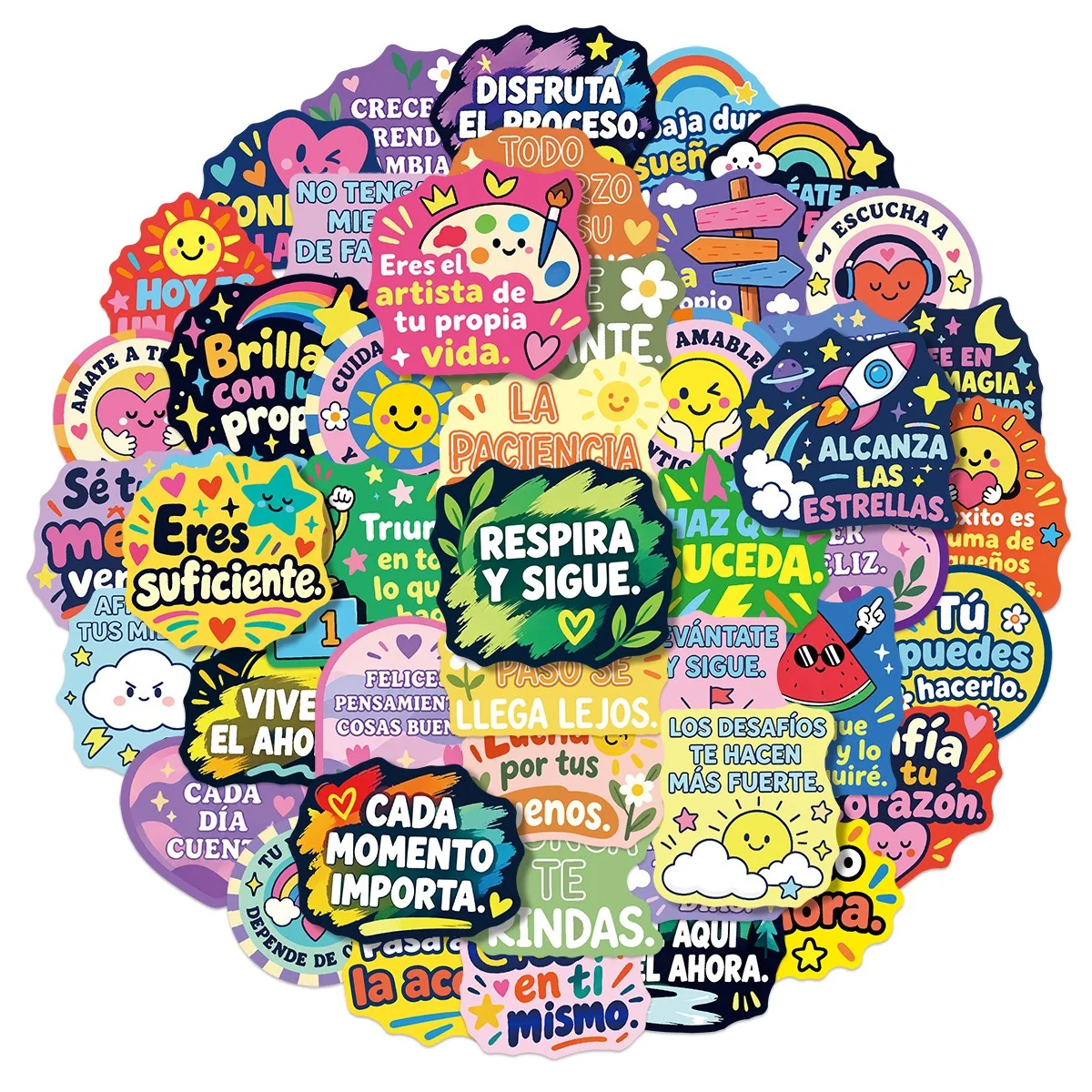 50pcs Colorful Spanish Inspirational Words Text Graffiti Stickers For Phone Laptop Scrapbook Guitar DIY Aesthetic Stickers