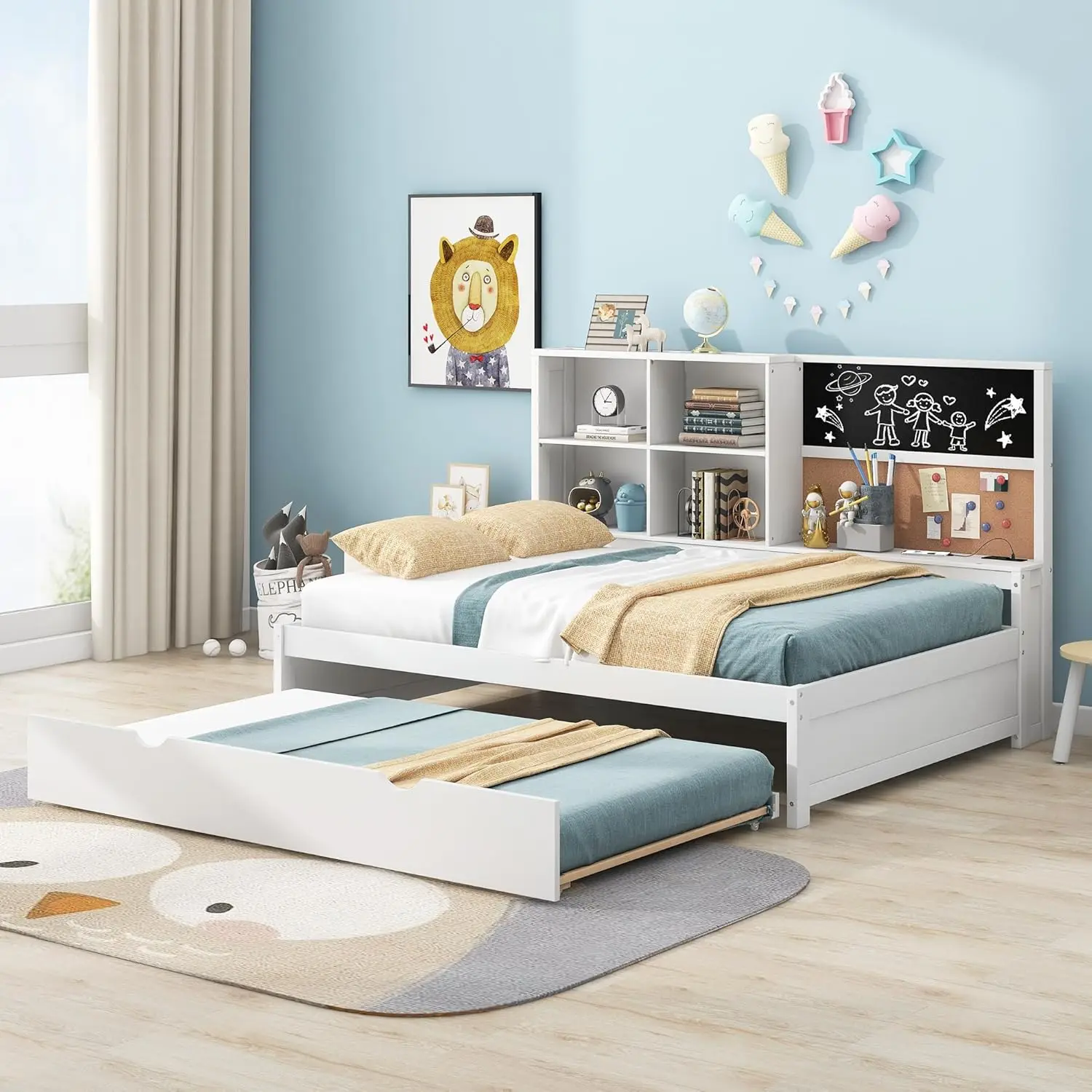 

Merax Full Size Daybed with Trundle, Wood Full Daybed Frame with Storage Shelves, Blackboard, Cork Board and USB Ports, White