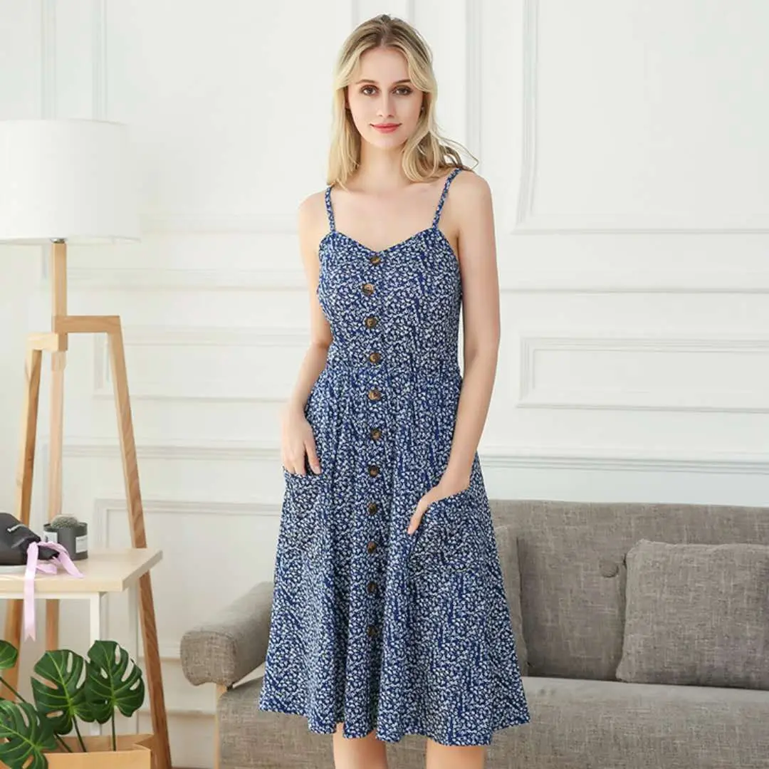 JHJN Abbigliamento estivo da donna Stampa Spend One's Holiday Seaside Beach Elasticità Bretelle Stampa floreale Abito senza schienale