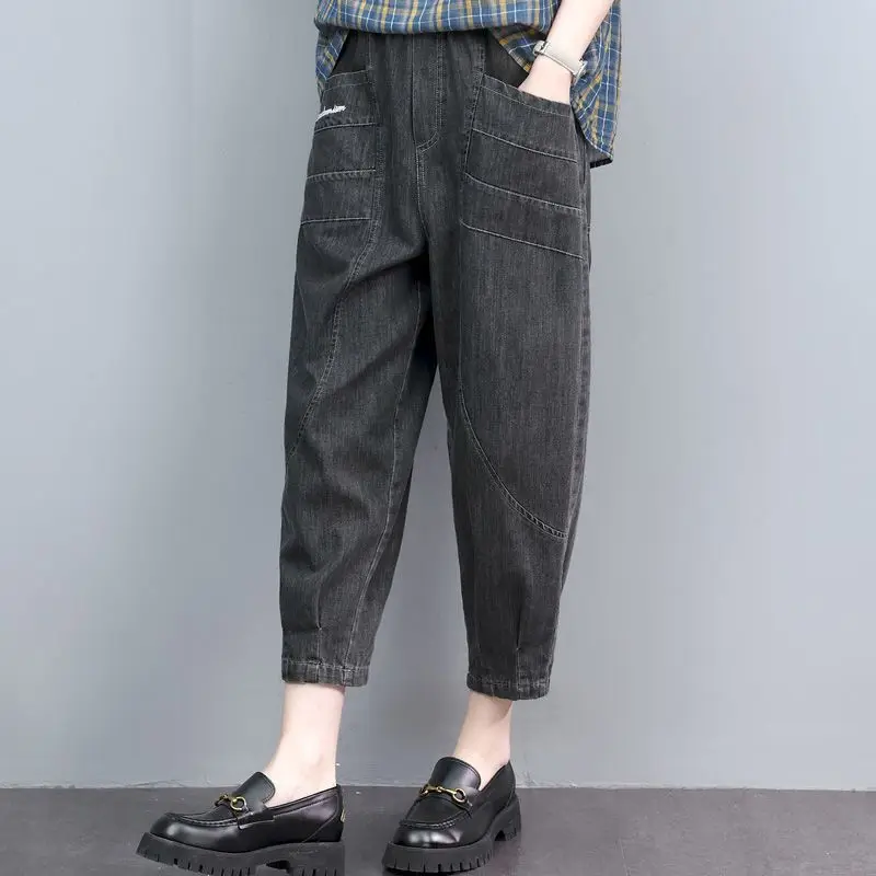 Embroidered Jeans Spring Summer Women New High-waisted Thin Cowboy Nine Pants Female Plus Size Elastic Waist Harem Trousers Lady