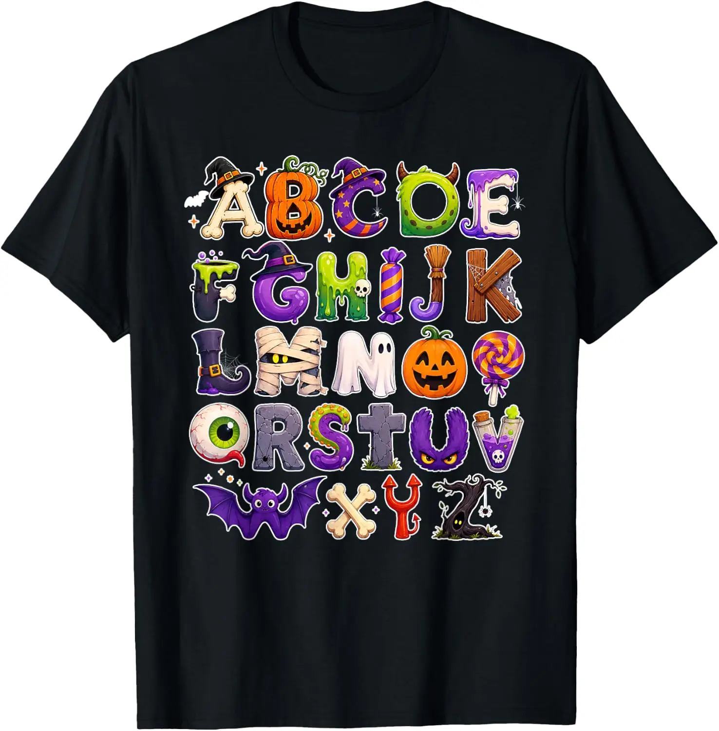Abcs Learning Kindergarten Teacher Funny Halloween Alphabet T-Shirt Versatile, heavyweight pure cotton short-sleeve tee—trendy, thick fabric; a great gift for Christmas or Halloween.