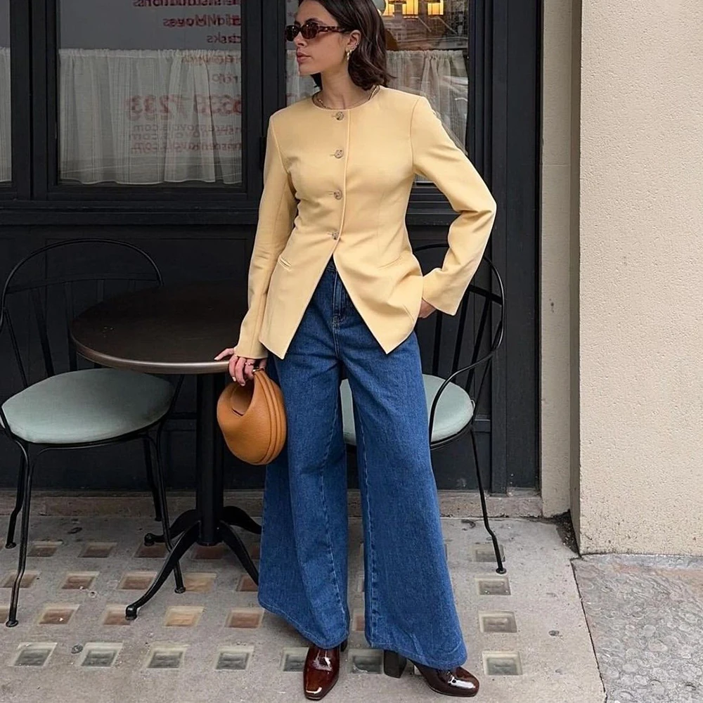 

Slim Fit Women's Suits Round Neck Two Pieces Pant Sets Chic Single Breasted Blazer+Denim Trousers Elegant Daily Streetwear