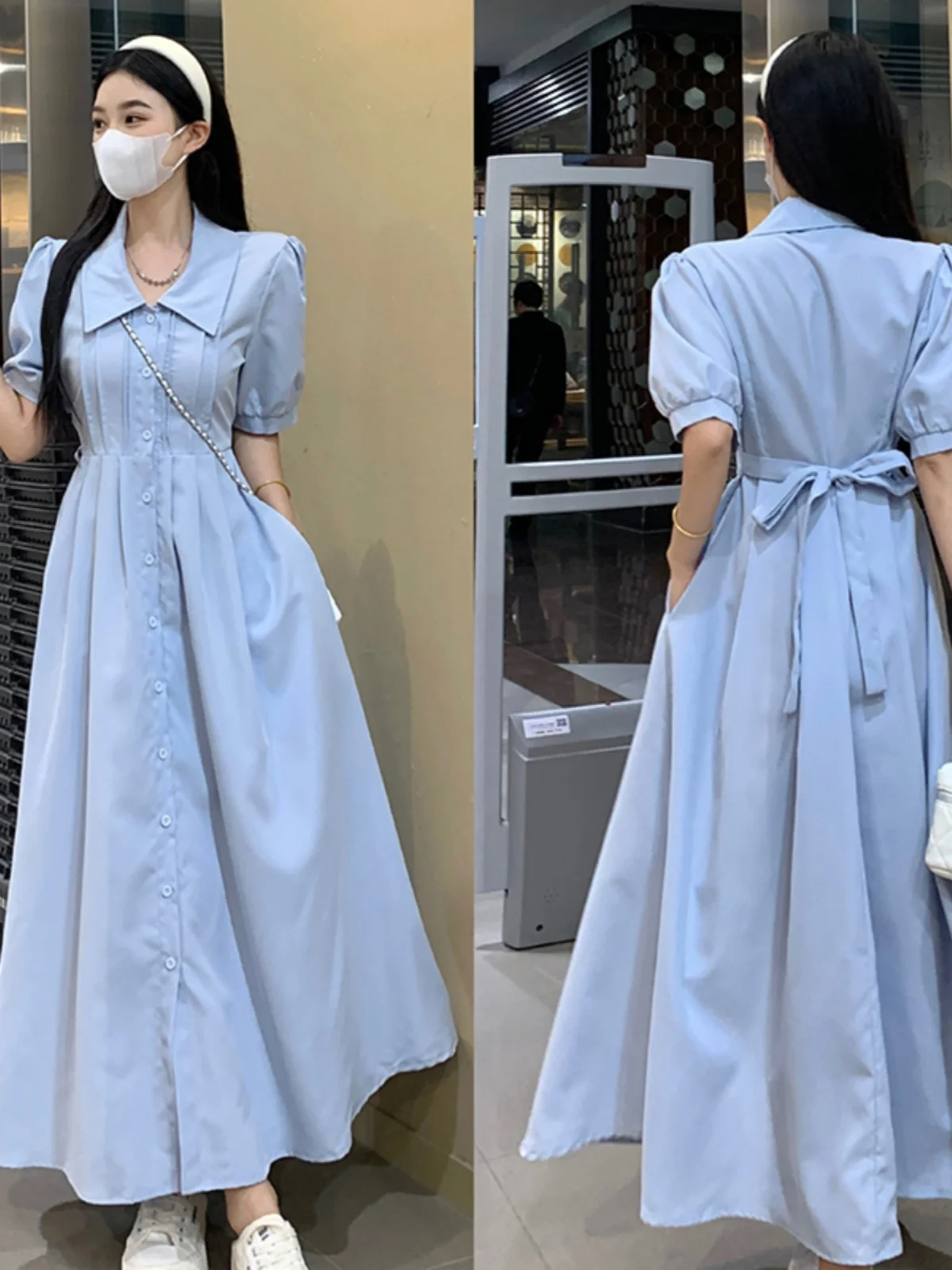 

Летнее платье размера плюс с пышным воротником, длинная юбка для похудения на талии, скрыть мясо, антивозрастное для слегка пухлых женщин