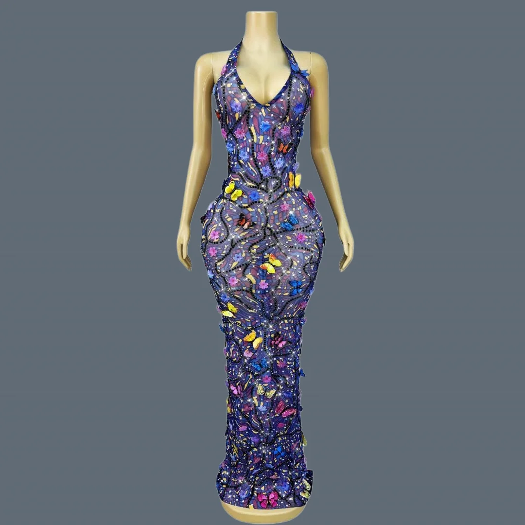 

Chic Sparkly Rhinestone Mesh Evening Dress Women Birthday Party Sexy Deep V Neck 3D Butterfly Gown Club Bar Stage Costume Huadie