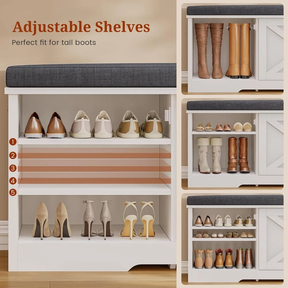 Rustic Storage Bench with Lift-Top Drawers and Cushioned Seat, Semi-Concealed Shoe Rack Organizer, Versatile Adjustable Shelf Sh