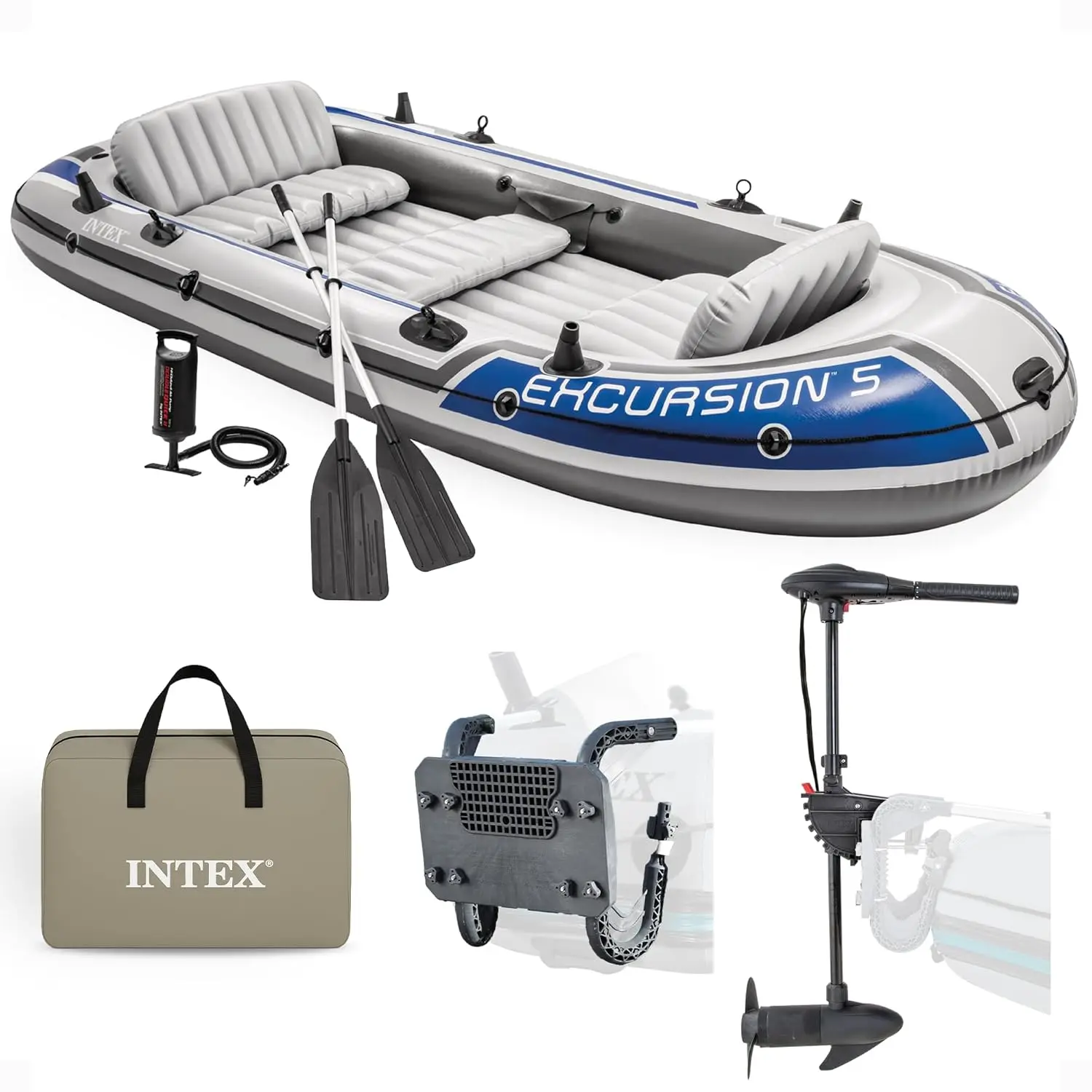 

Excursion 5 Person Inflatable Boat Set with 2 Aluminum Oars and Pump, 12V Transom Mount Boat Trolling, and Motor Mount, Custom