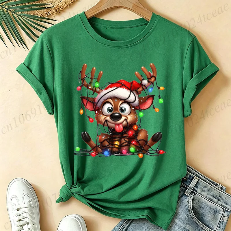Damen-T-Shirt mit niedlichem Rentier-Weihnachtslichtmotiv, lustiger Weihnachtsmannmütze und Hirsch-Print, kurzärmelig, für Weihnachten und Urlaub, lässige T-Shirts – Detail 4