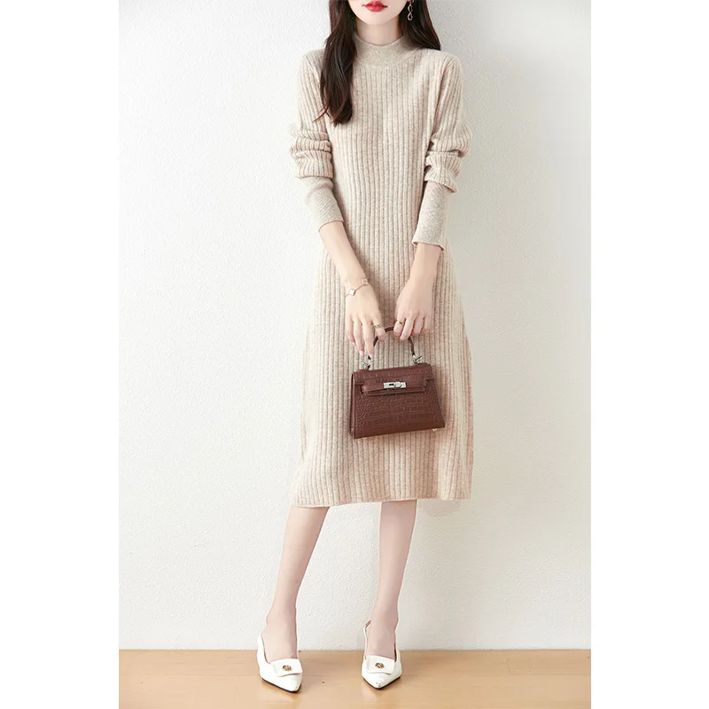 

2024 new autumn and winter, women's long dress, casual, Korean style, fashionable, half turtleneck, wool knitted skirt