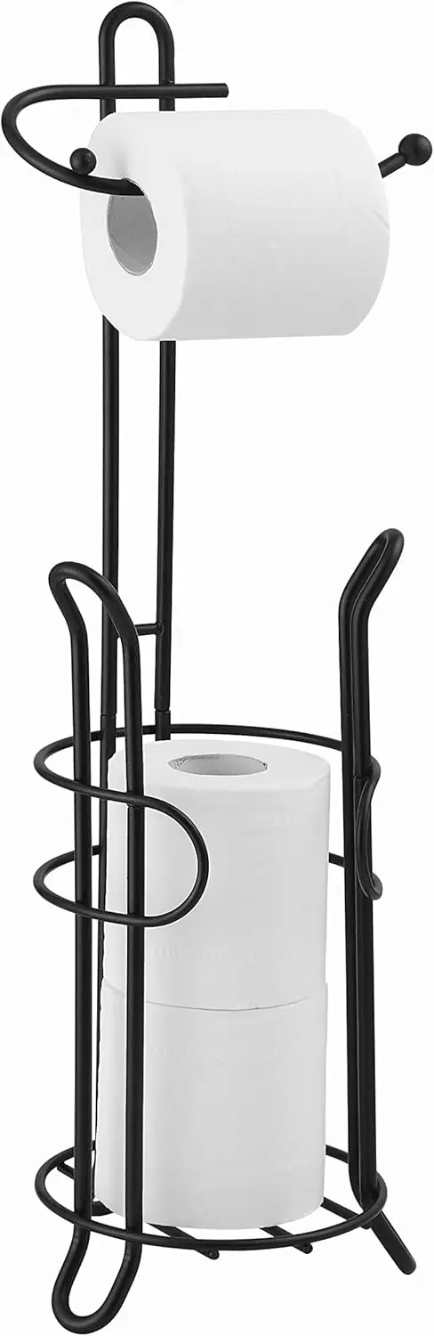 

Freestanding Toilet Paper Holder with Storage – Holds 3 Spare Rolls, Heavy-Duty Steel, Black Finish