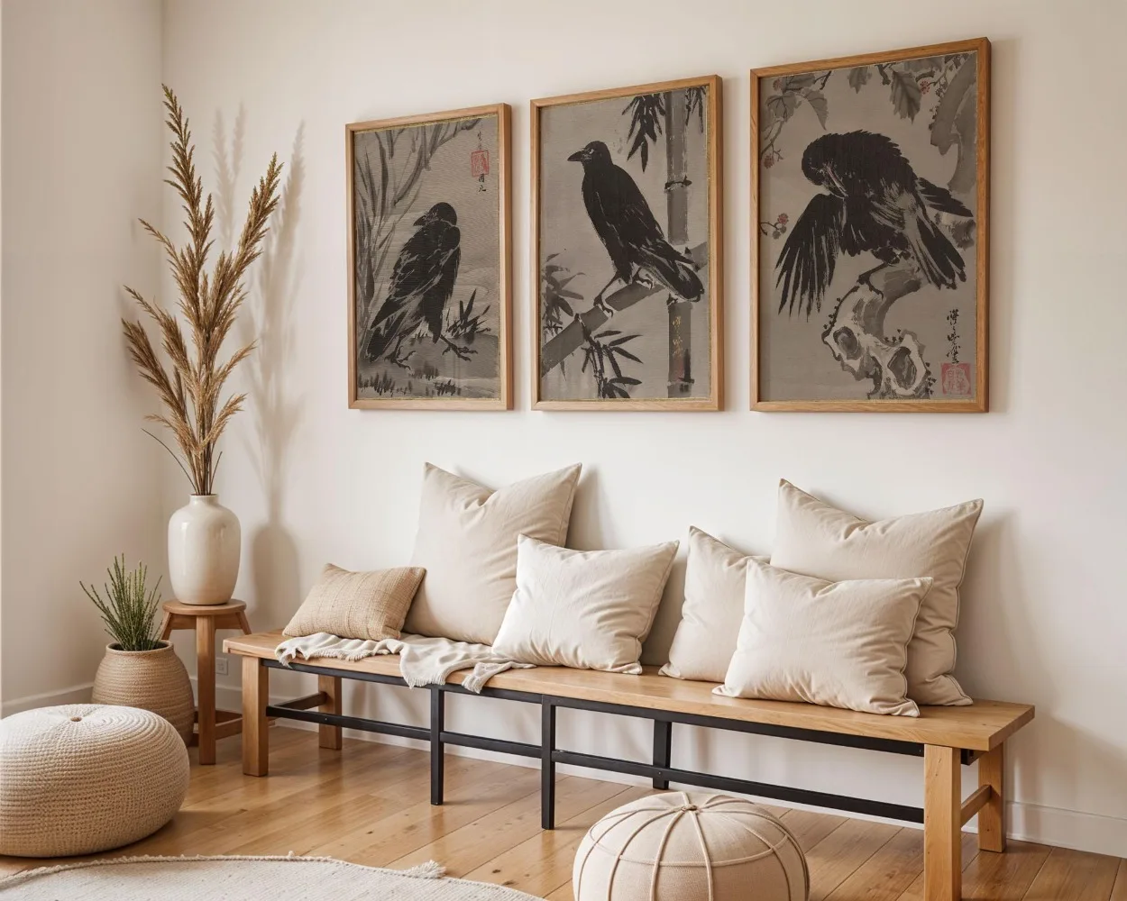 3 Piece Wall Art, Japanese Crow Posters, Vintage Ukiyo-e Raven Prints, Moody Bird Art, Kawanabe Kyosai, Dark Academia