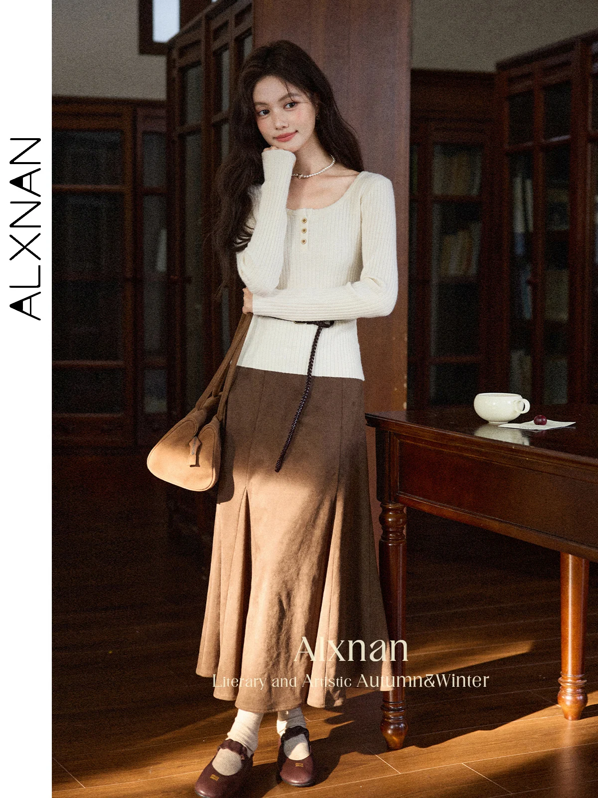 ALXNAN frauen Pullover Apricot Rundhals Langarm Pullover Herbst Winter Elegante Casual Slim-fit Gestrickte Tops Weibliche L56950